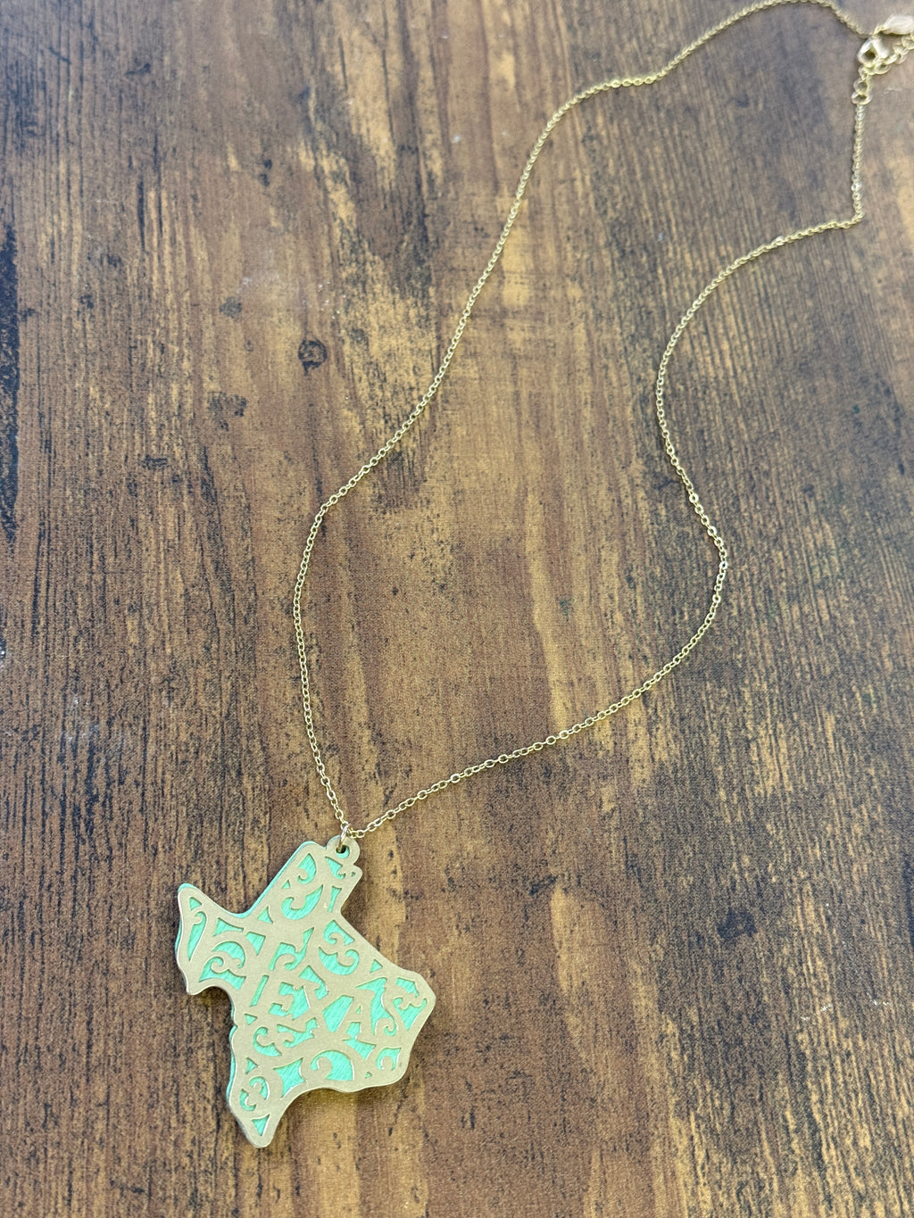 Boho Gold & Green Filagree Texas Stamped Necklace
