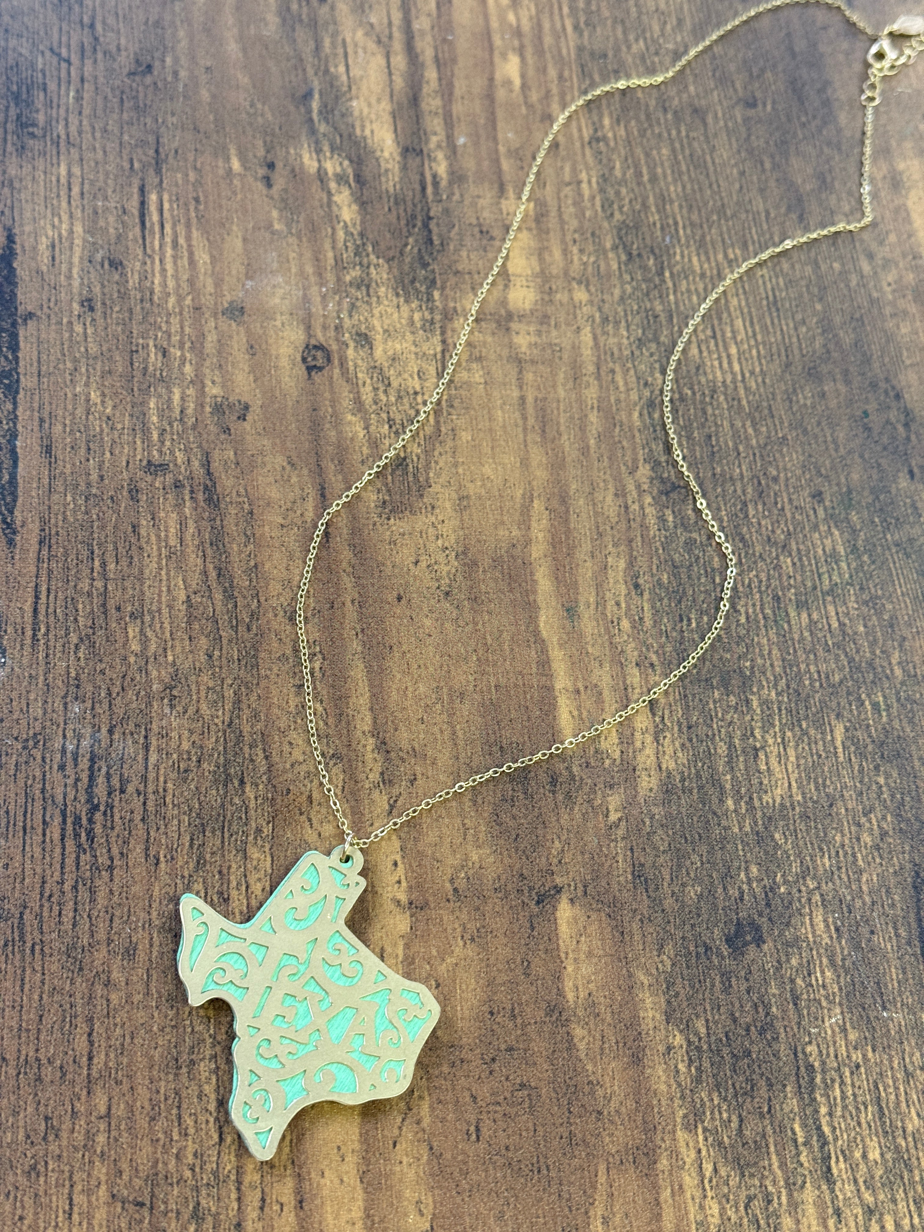 Boho Gold & Green Filagree Texas Stamped Necklace