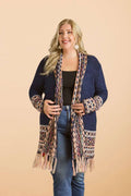 CESW2469X - PLUS FRINGE HEM AZTEC BORDER CARDIGAN