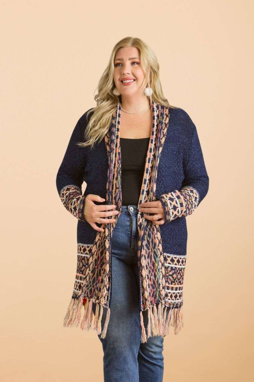 CESW2469X - PLUS FRINGE HEM AZTEC BORDER CARDIGAN