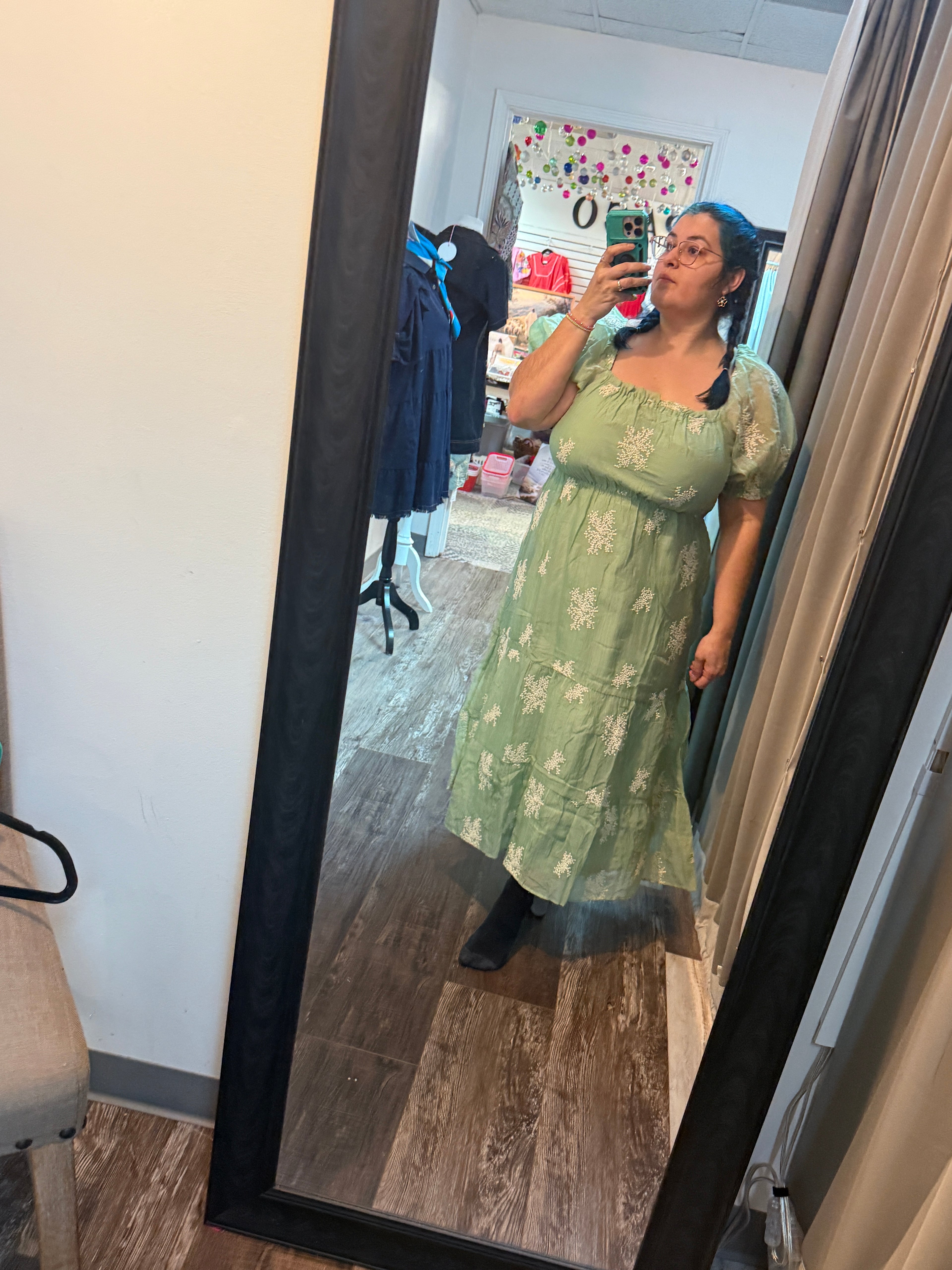 Sage Green Embroidered Puff Sleeve