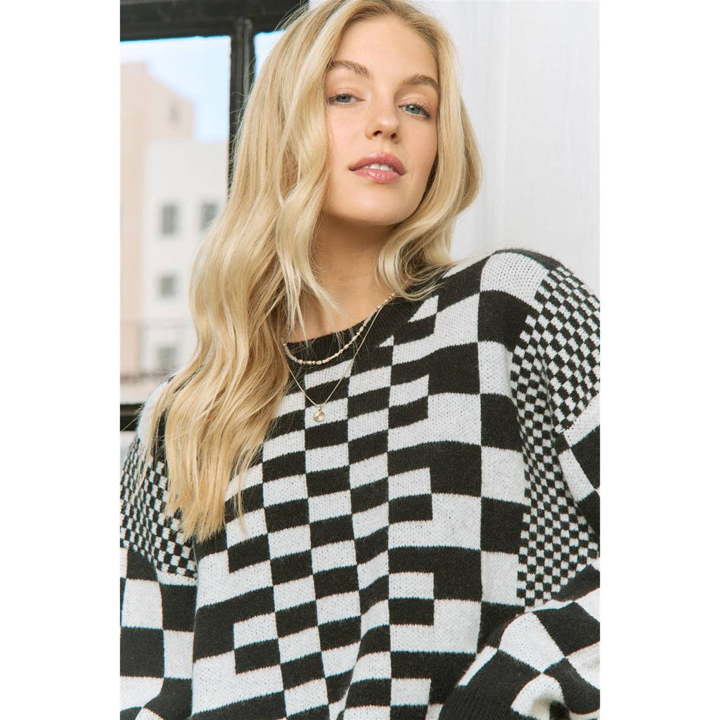 CHIC CHECKER JACQUARD PRINT CASUAL PULLOVER SWEATER