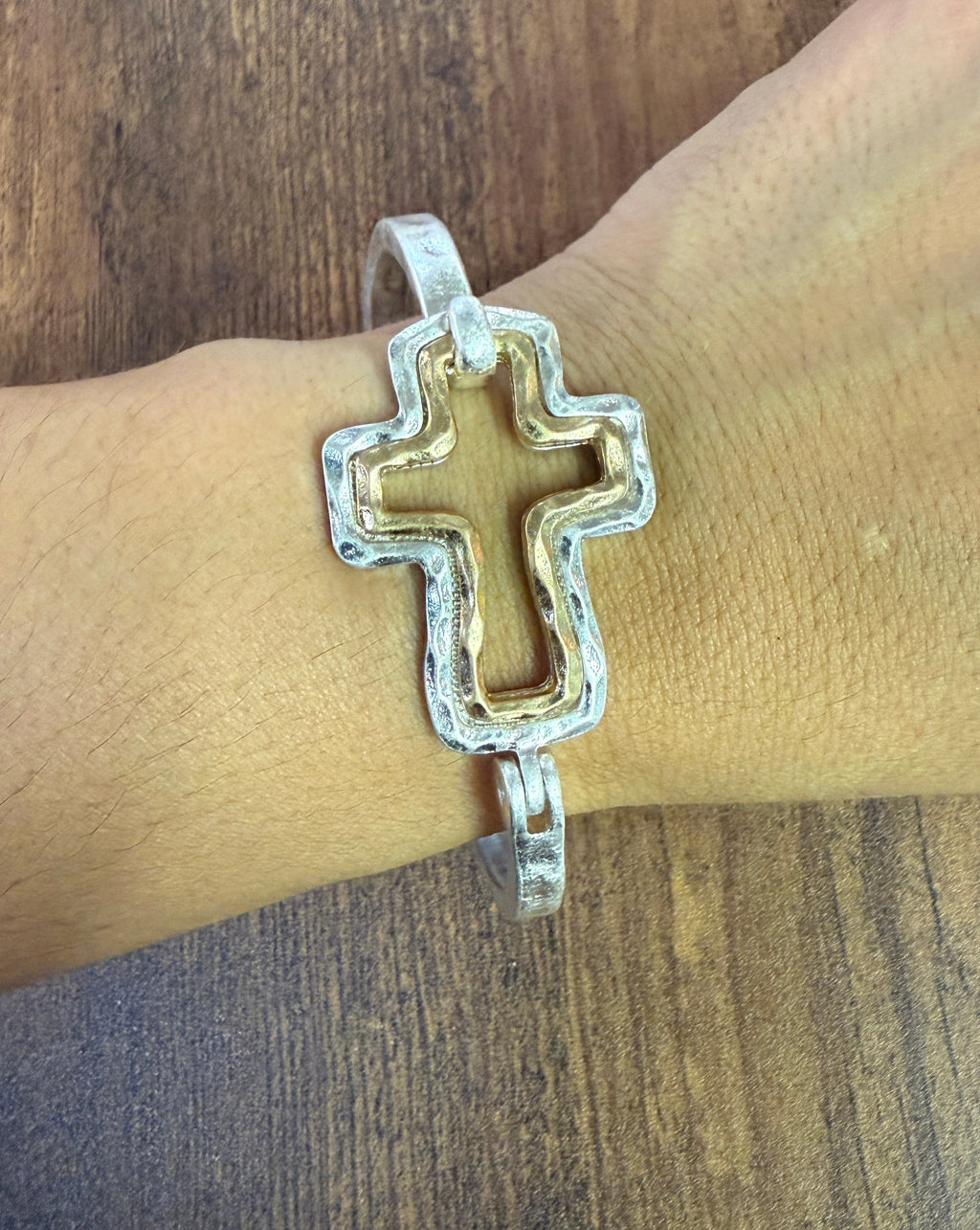 Beautiful Mixed Metal Cross Cuff Bracelet Gold OR Silver