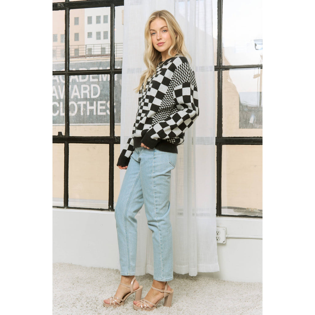 CHIC CHECKER JACQUARD PRINT CASUAL PULLOVER SWEATER