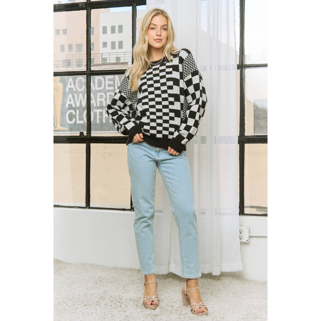CHIC CHECKER JACQUARD PRINT CASUAL PULLOVER SWEATER