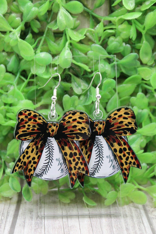 Leopard Bow Baseball Dangle Earrings