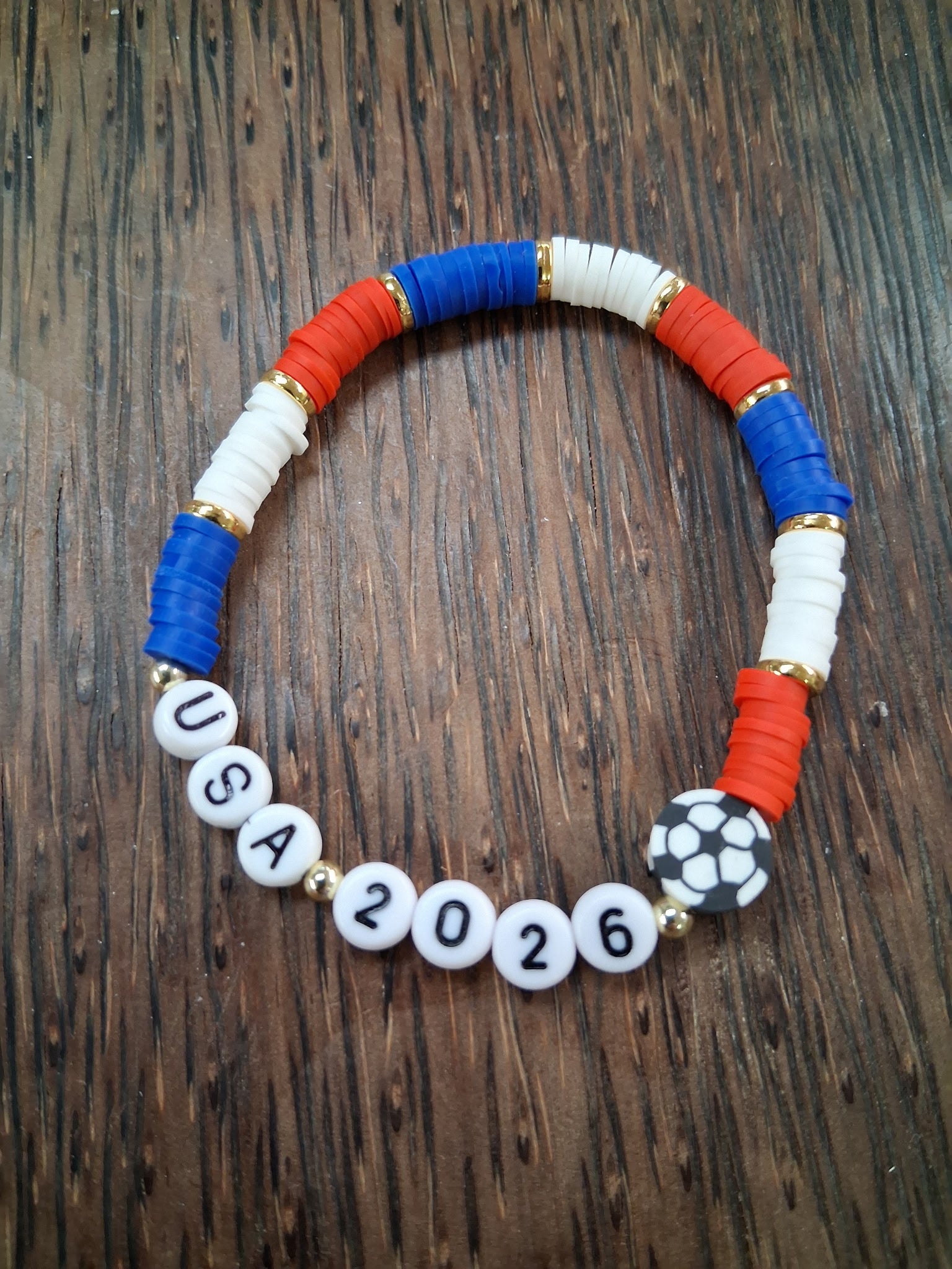 USA 2026 Soccer Red, White, Blue Heishi Beaded Bracelet