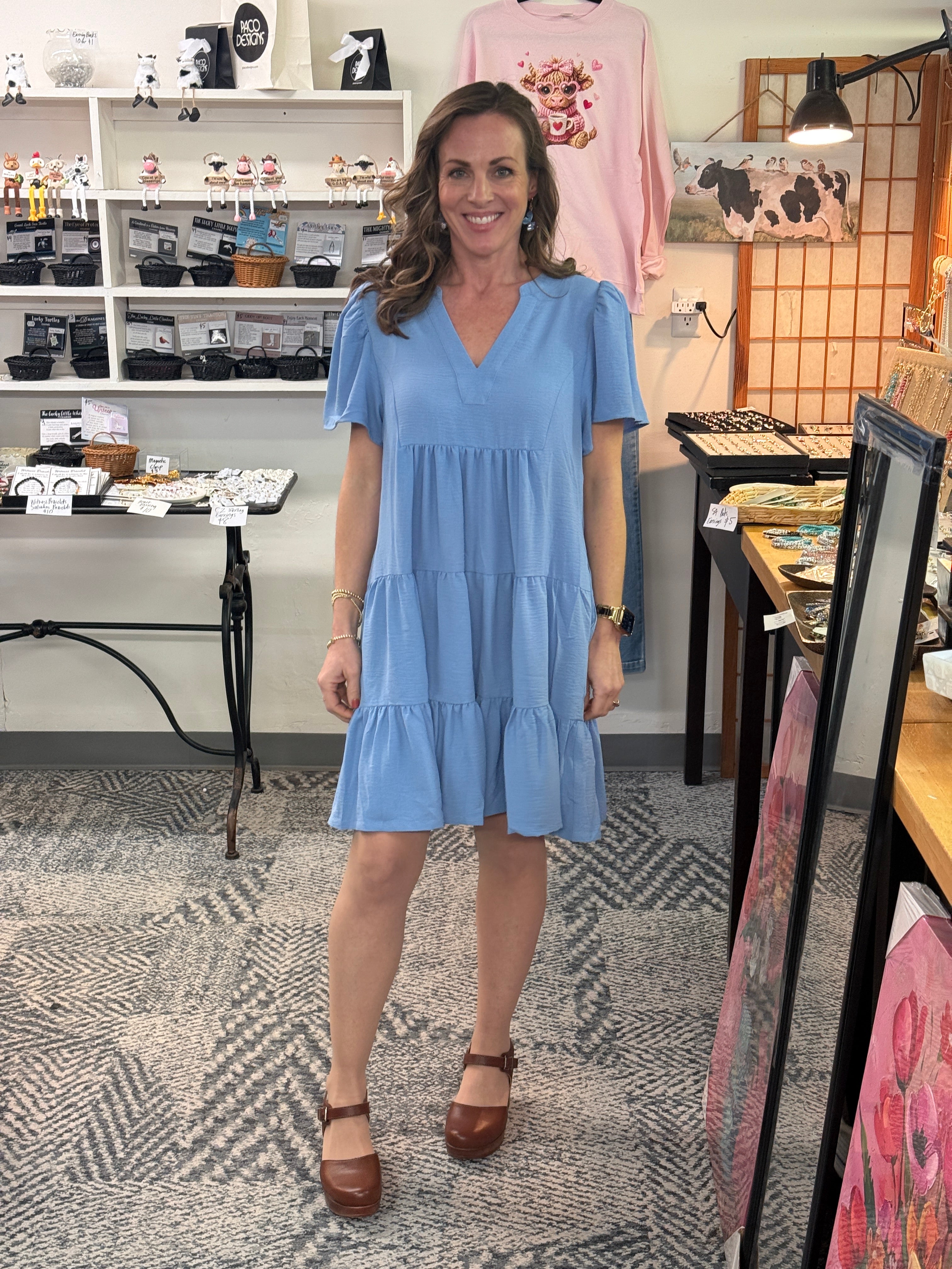 Flowy Light Blue V Neck 3 Tier Dress