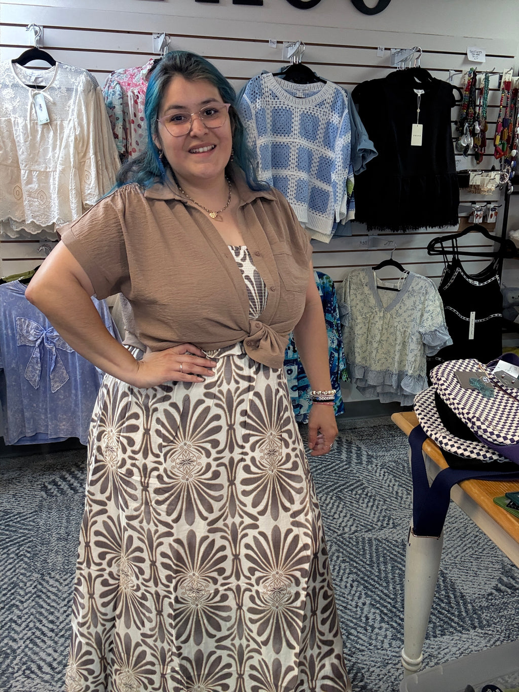 Taupe Damask Pattern Strapless Smocked Sundress