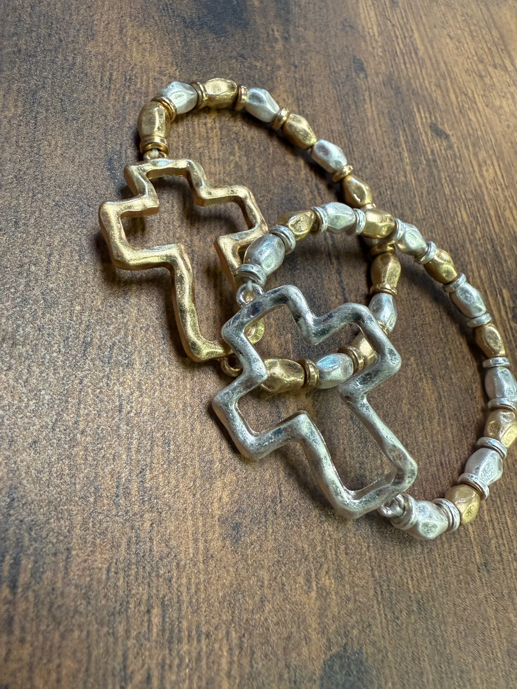 Gold or Silver Hammered Cross Mixed Metal Stretch Bracelet