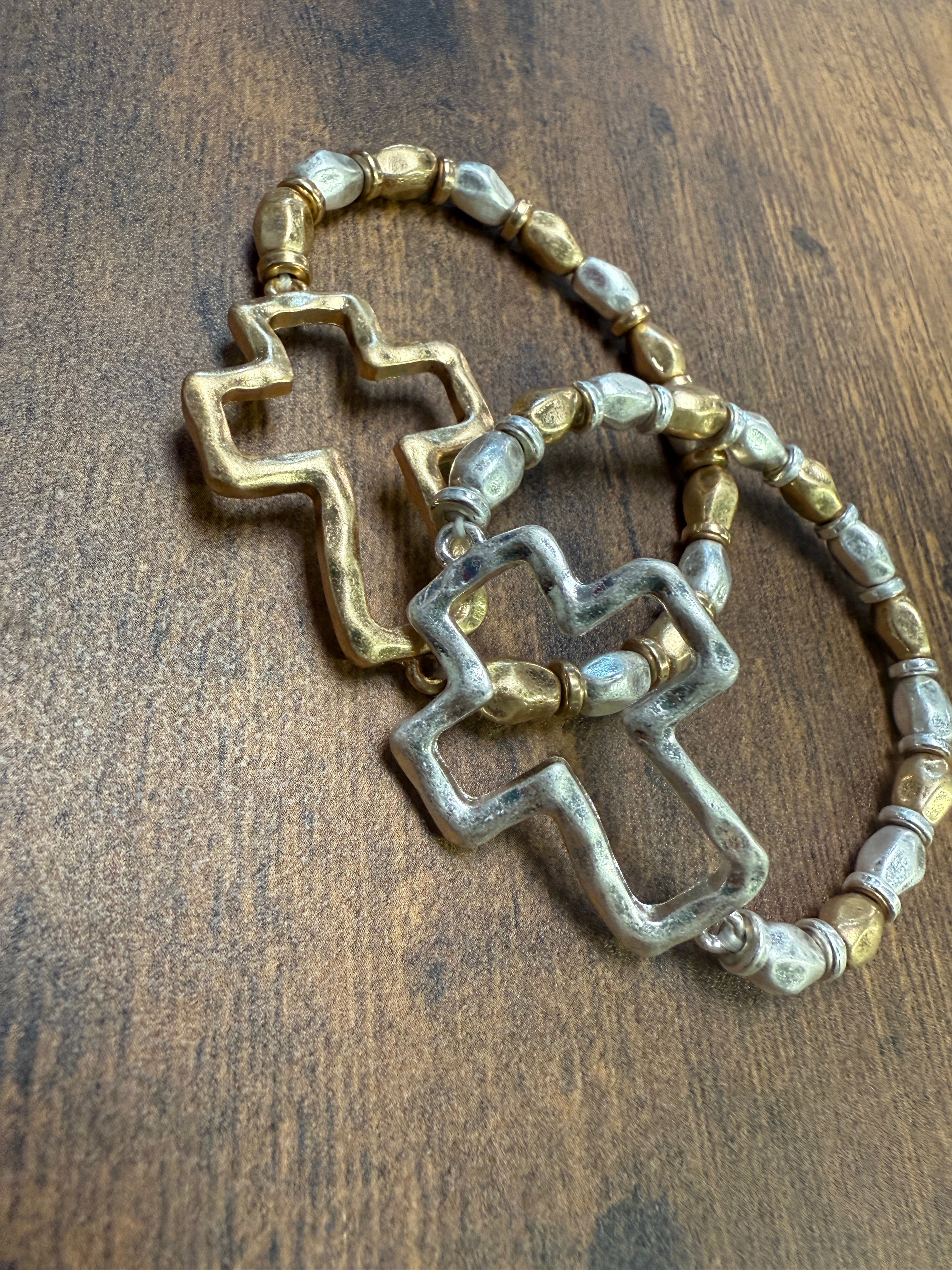 Gold or Silver Hammered Cross Mixed Metal Stretch Bracelet