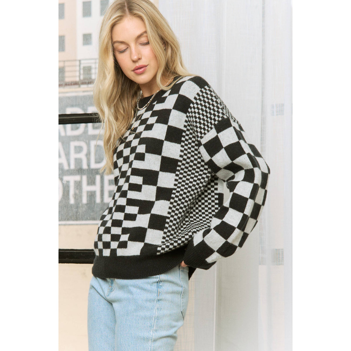 CHIC CHECKER JACQUARD PRINT CASUAL PULLOVER SWEATER
