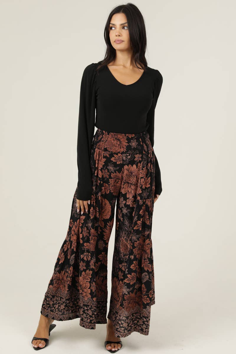 Brown Floral Print Wide Leg Pant