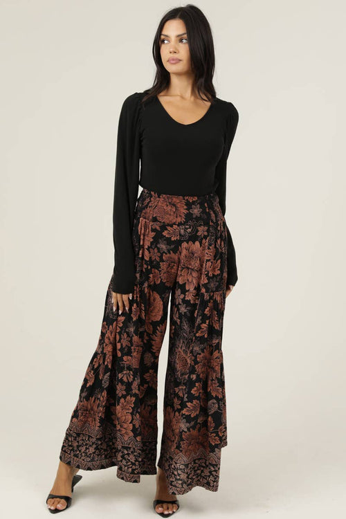 Brown Floral Print Wide Leg Pant