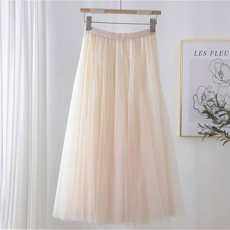 Beige Color Pleated Tulle Midi Skirt