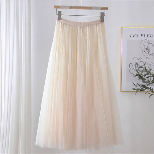Beige Color Pleated Tulle Midi Skirt