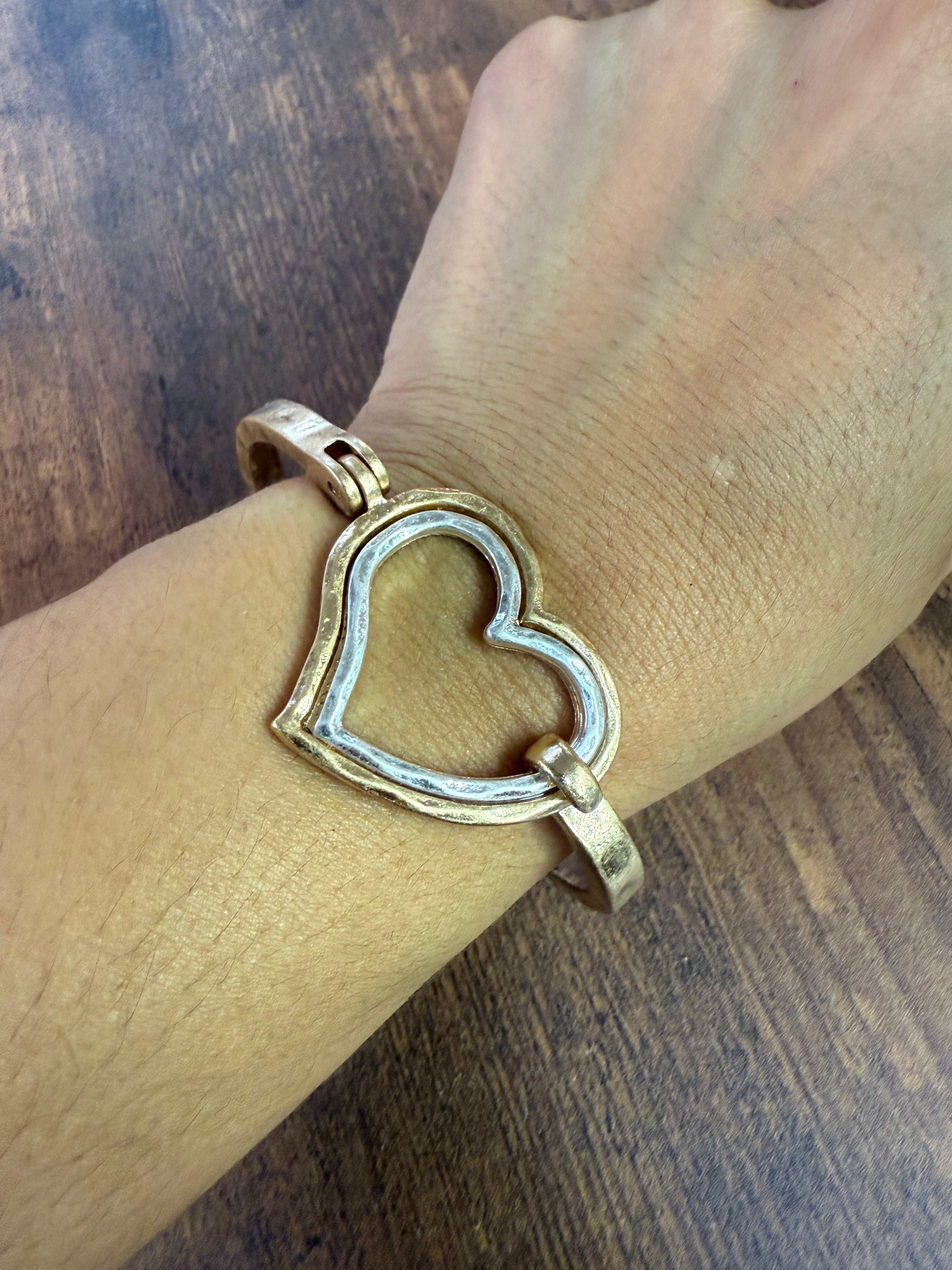 Mixed Metal Heart Cuff Bracelet -Silver/Gold