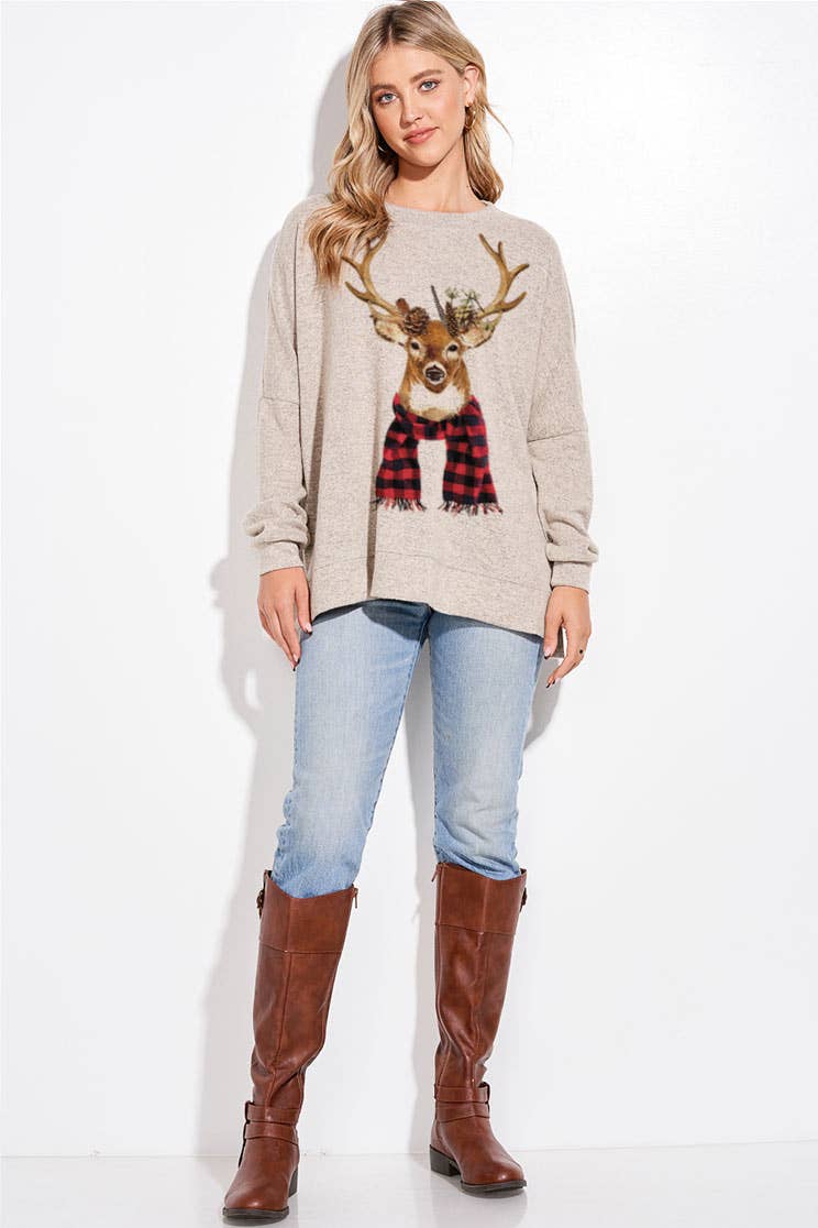 Festive Deer in Plaid Scarf Printed Long Sleeve Shirt