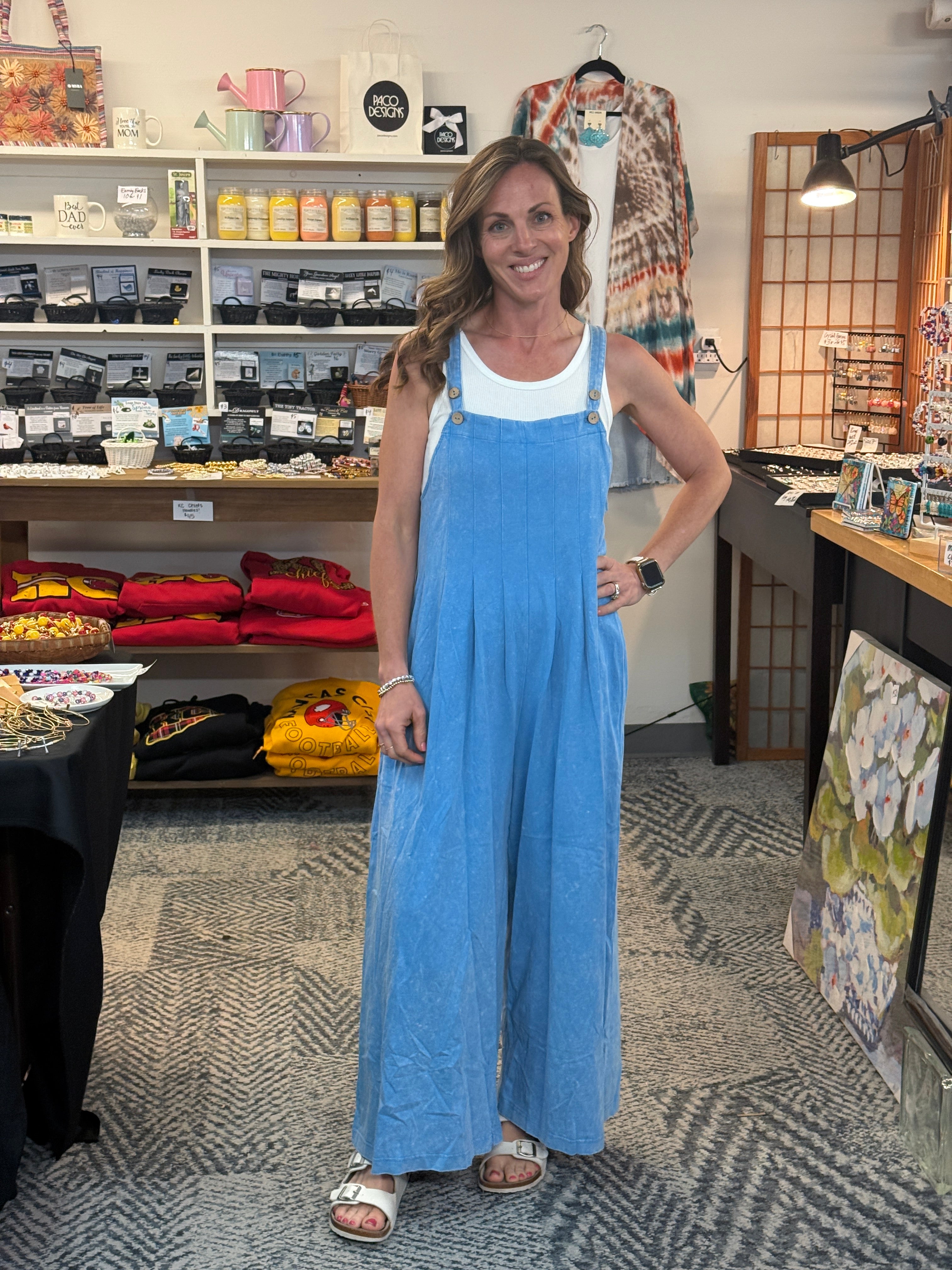Mineral Washed Overall Pleated Jumpsuit