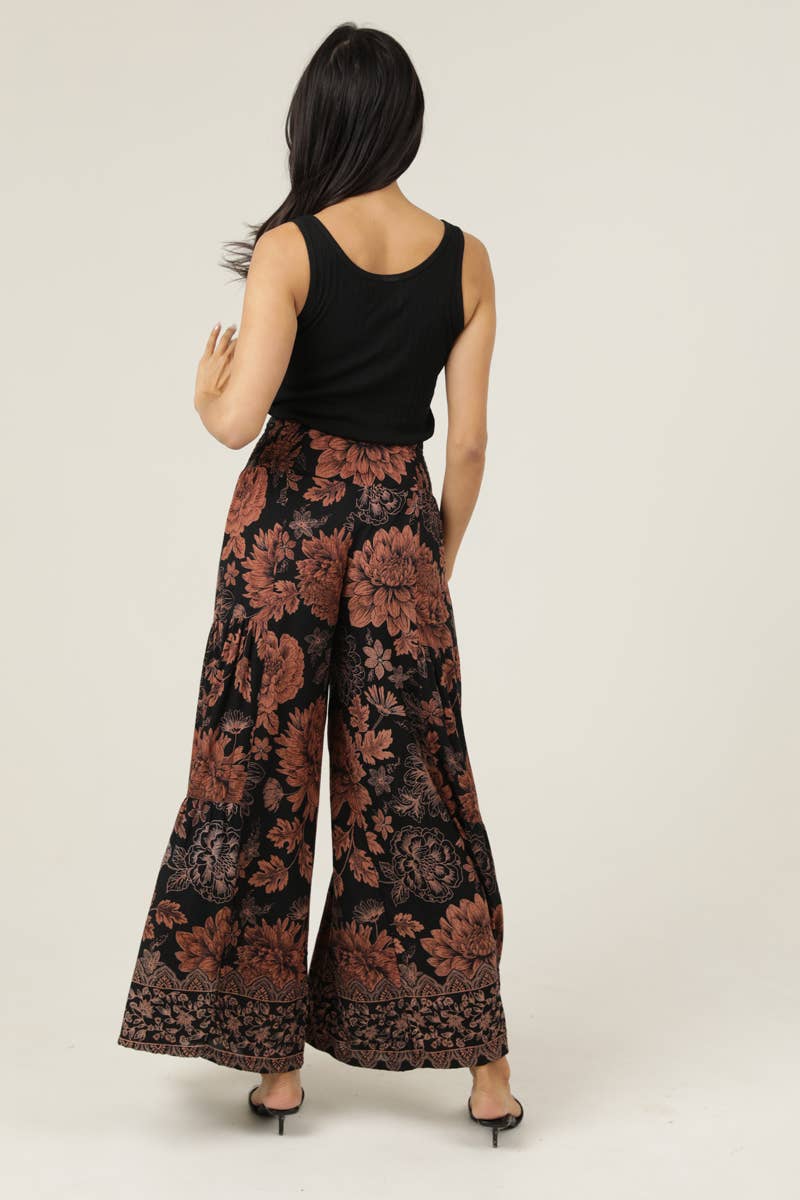 Brown Floral Print Wide Leg Pant
