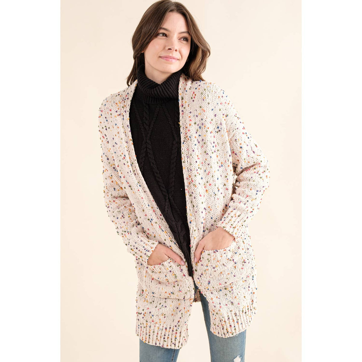 CARDIGAN W RAINBOW POPCORN SPECKLES