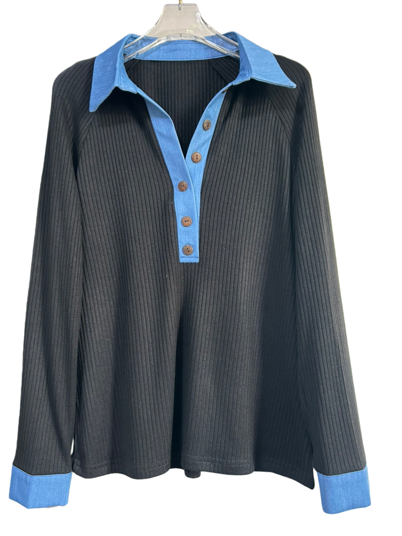 Western rib knit Patchwork Shirt Half Button pullover