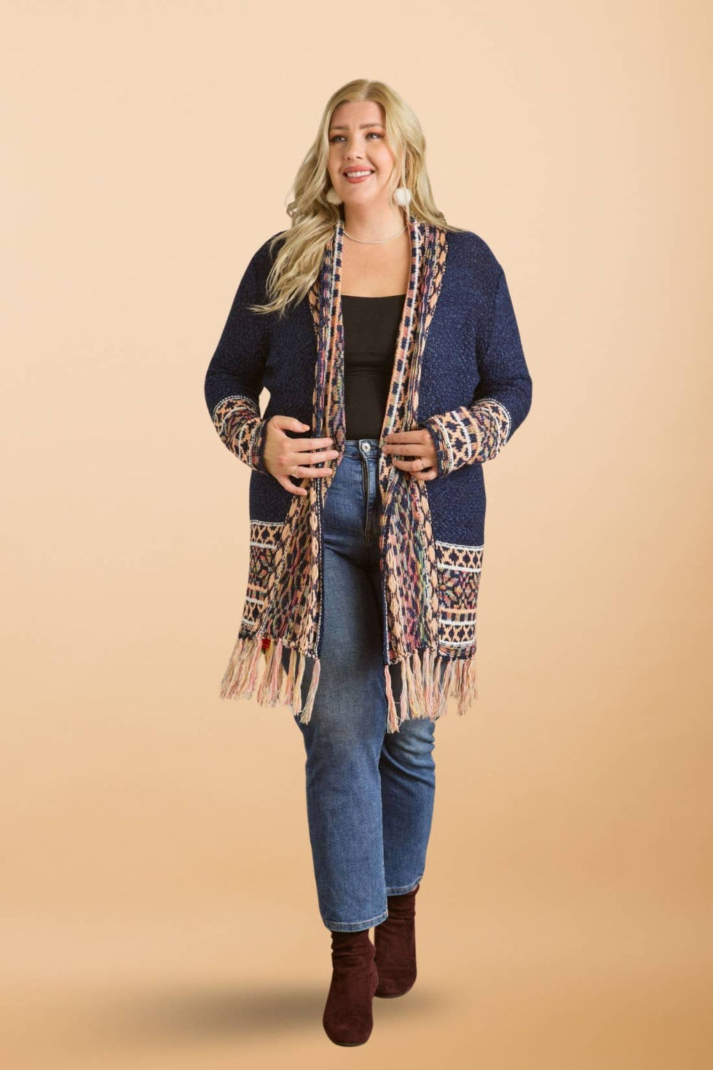 CESW2469X - PLUS FRINGE HEM AZTEC BORDER CARDIGAN