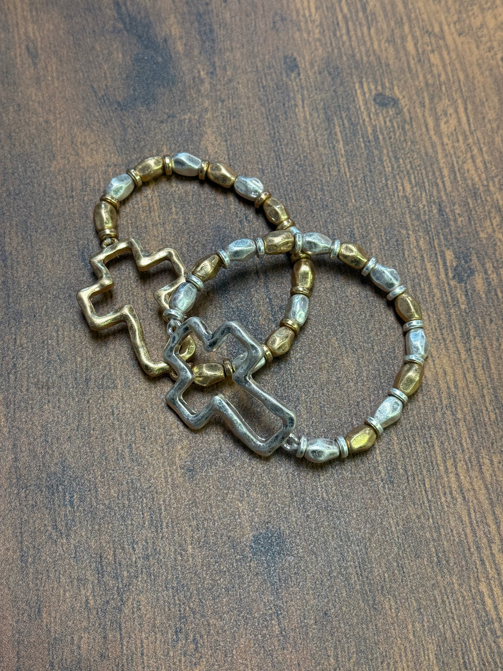 Gold or Silver Hammered Cross Mixed Metal Stretch Bracelet