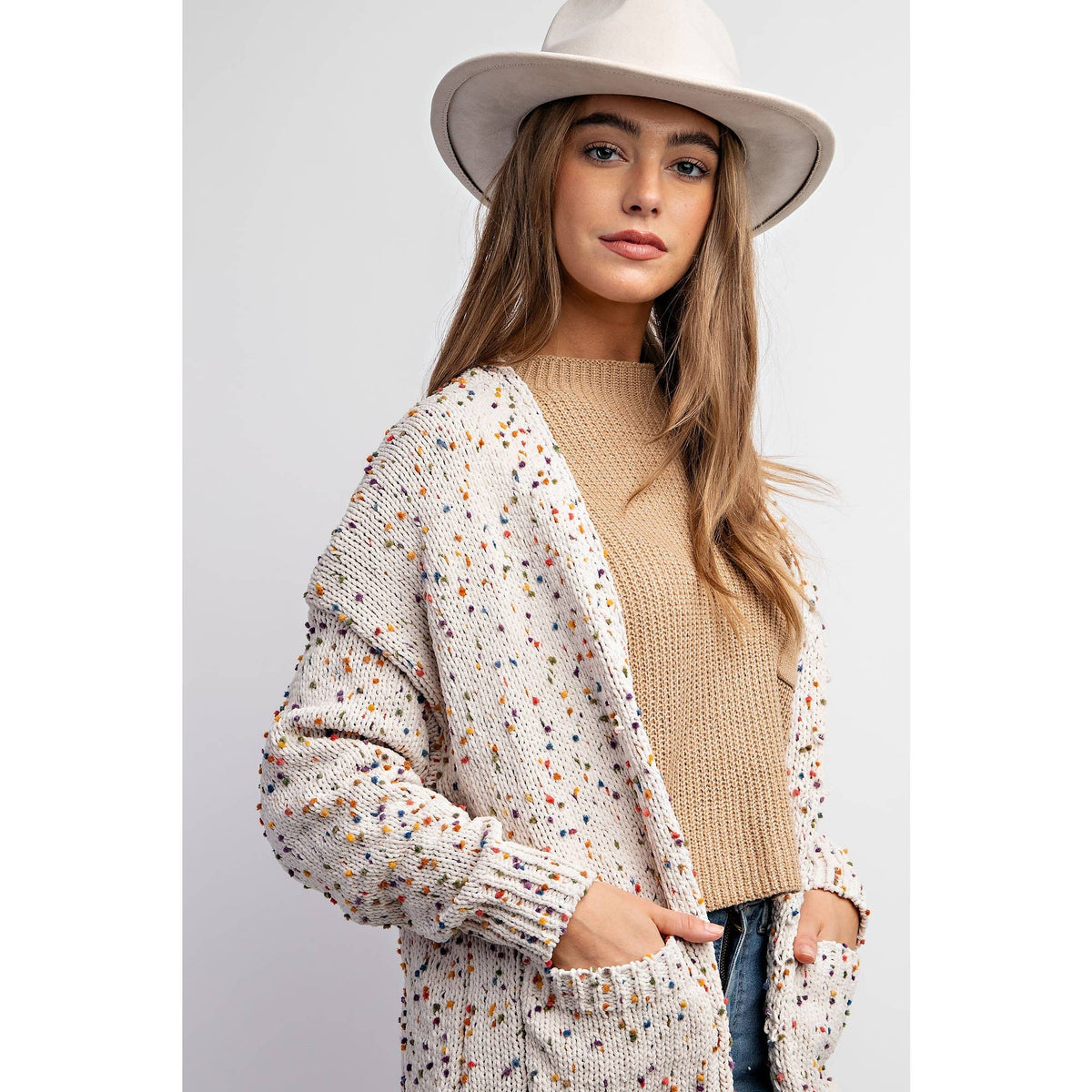 CARDIGAN W RAINBOW POPCORN SPECKLES