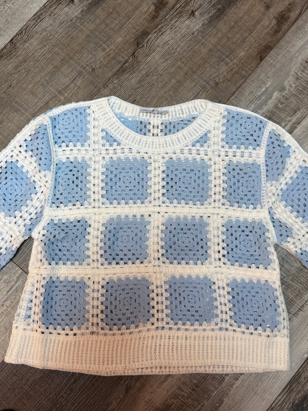 Blue & White Square Pattern Crochet Top