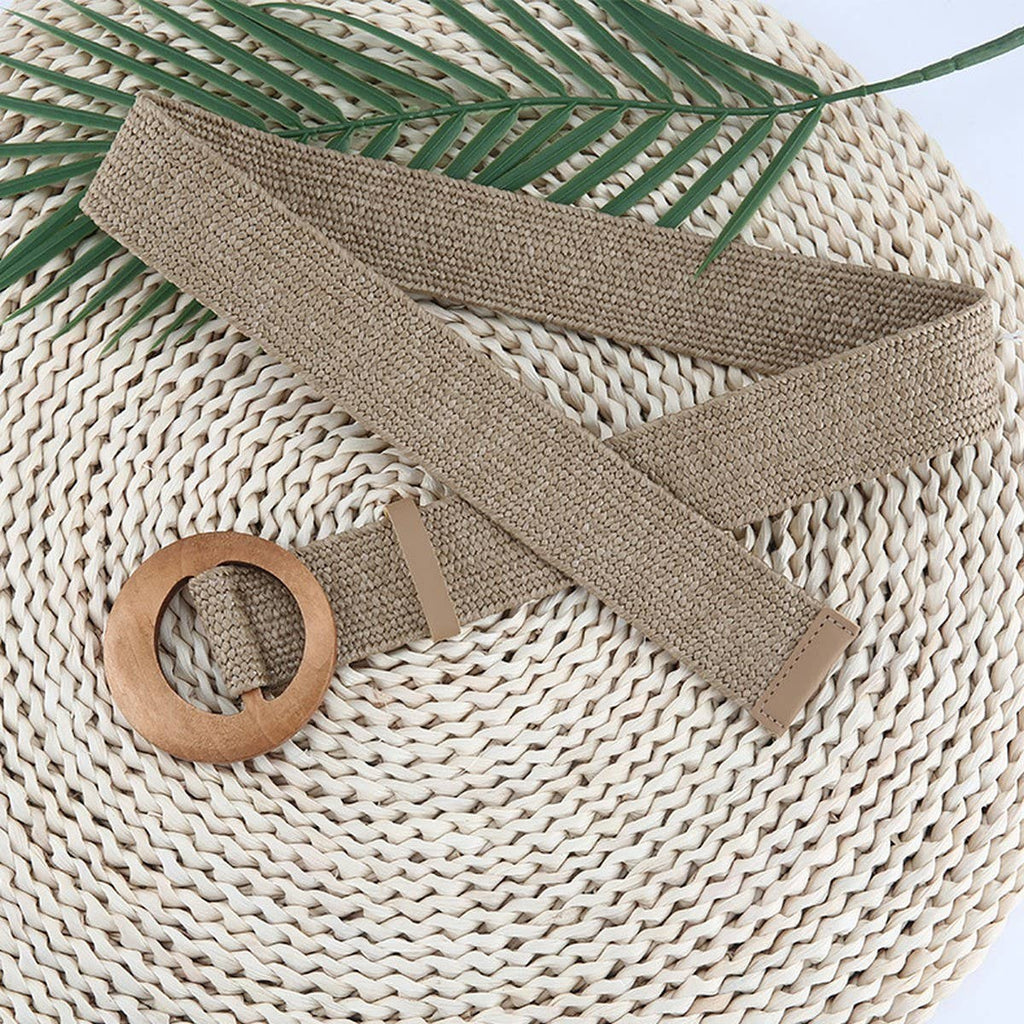 Round Wooden Buckle Pp Straw Woven Belt