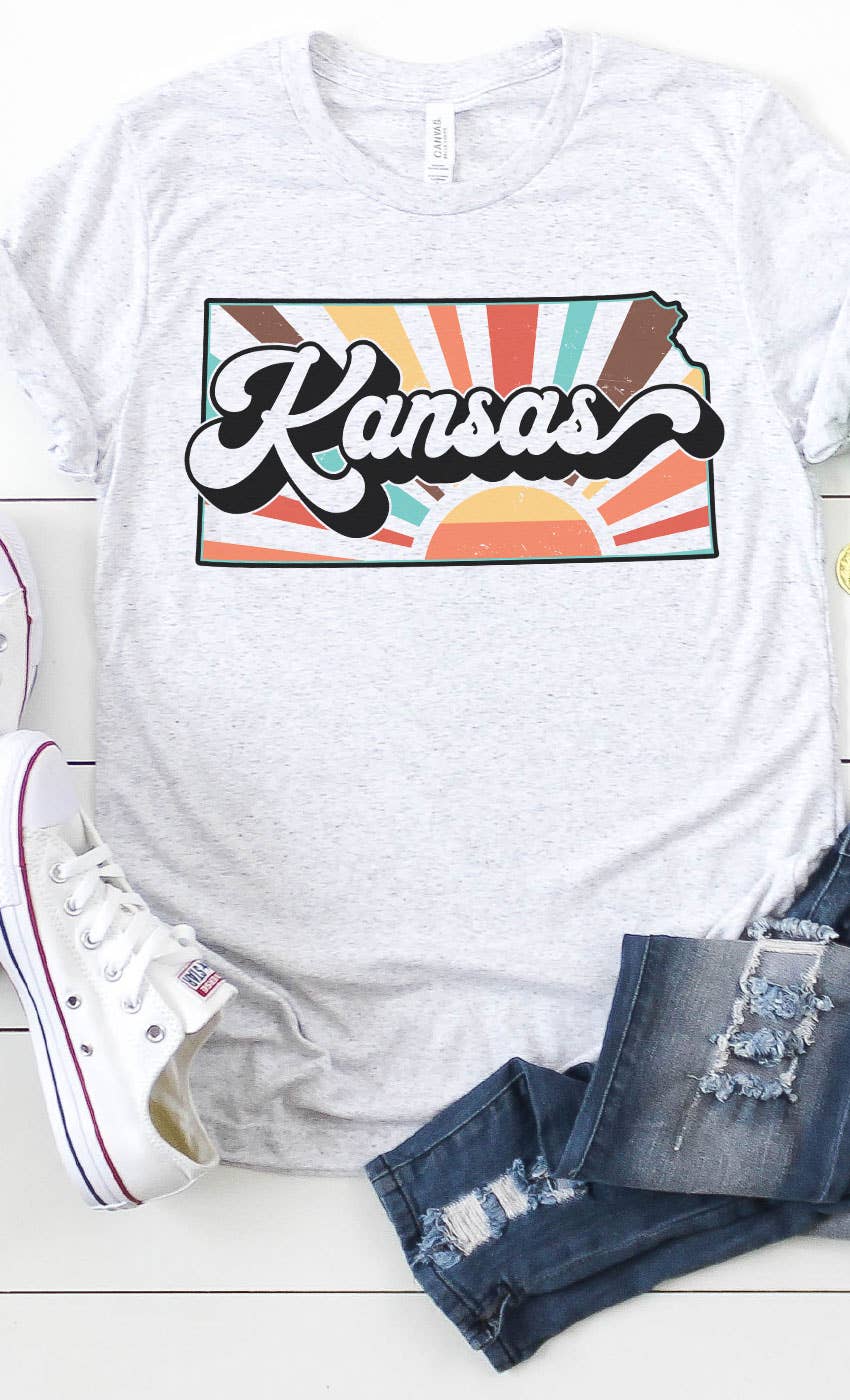 Kansas Retro State Graphic Grey Tee