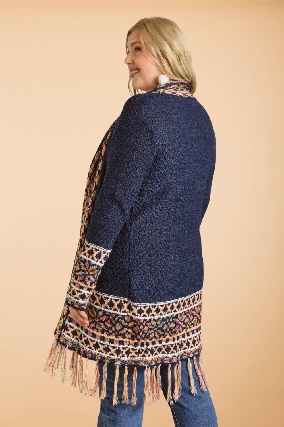 CESW2469X - PLUS FRINGE HEM AZTEC BORDER CARDIGAN