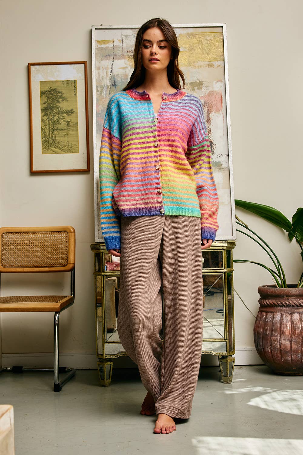 Multi-Colored Striped Button-Down Cardigan