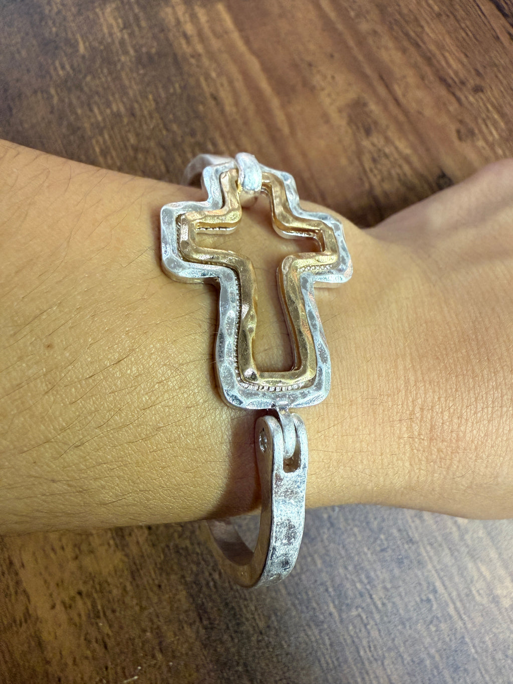 Beautiful Mixed Metal Cross Cuff Bracelet Gold OR Silver