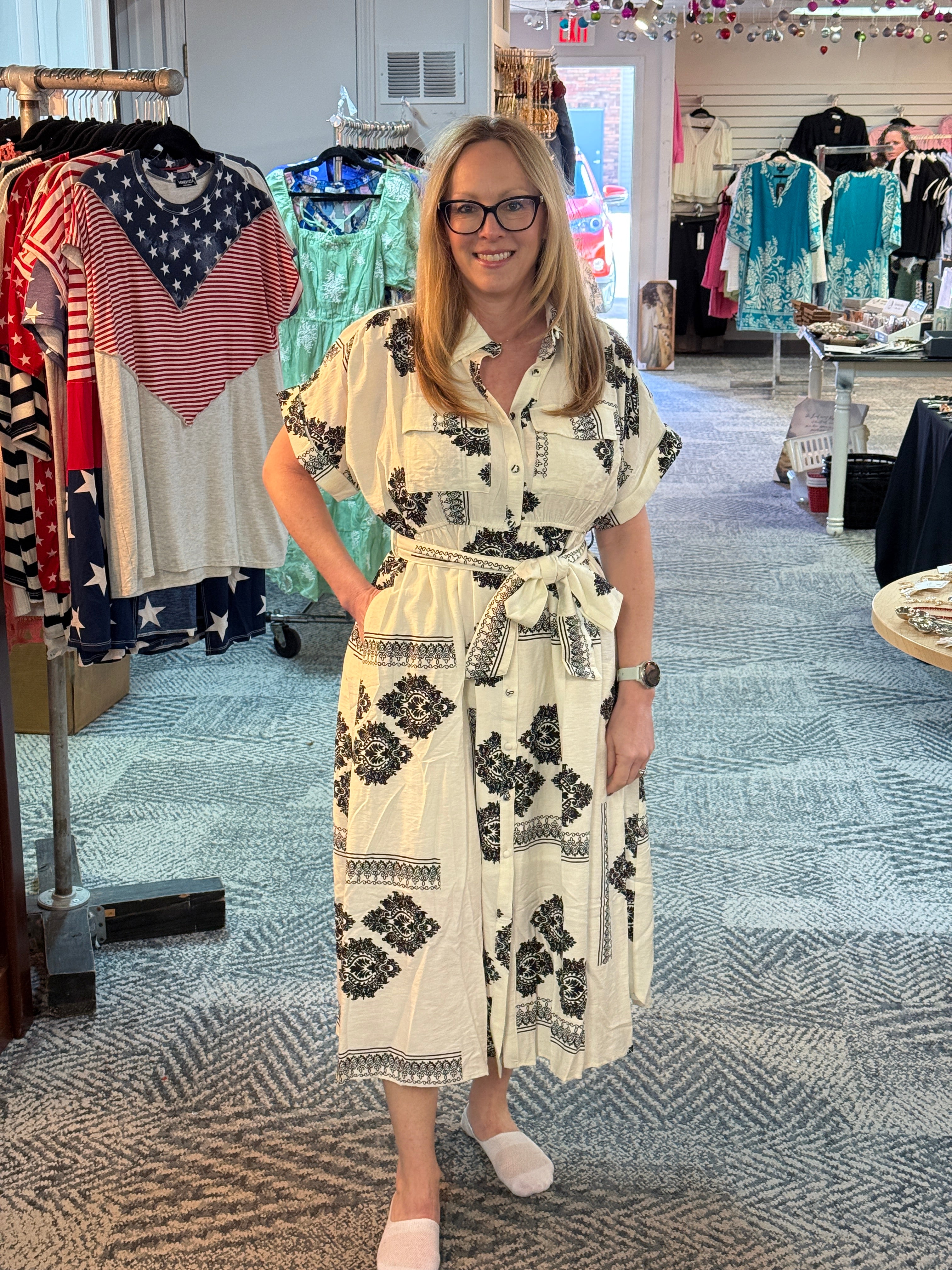 White & Black Print Button Up Dress w/ Waist Tie