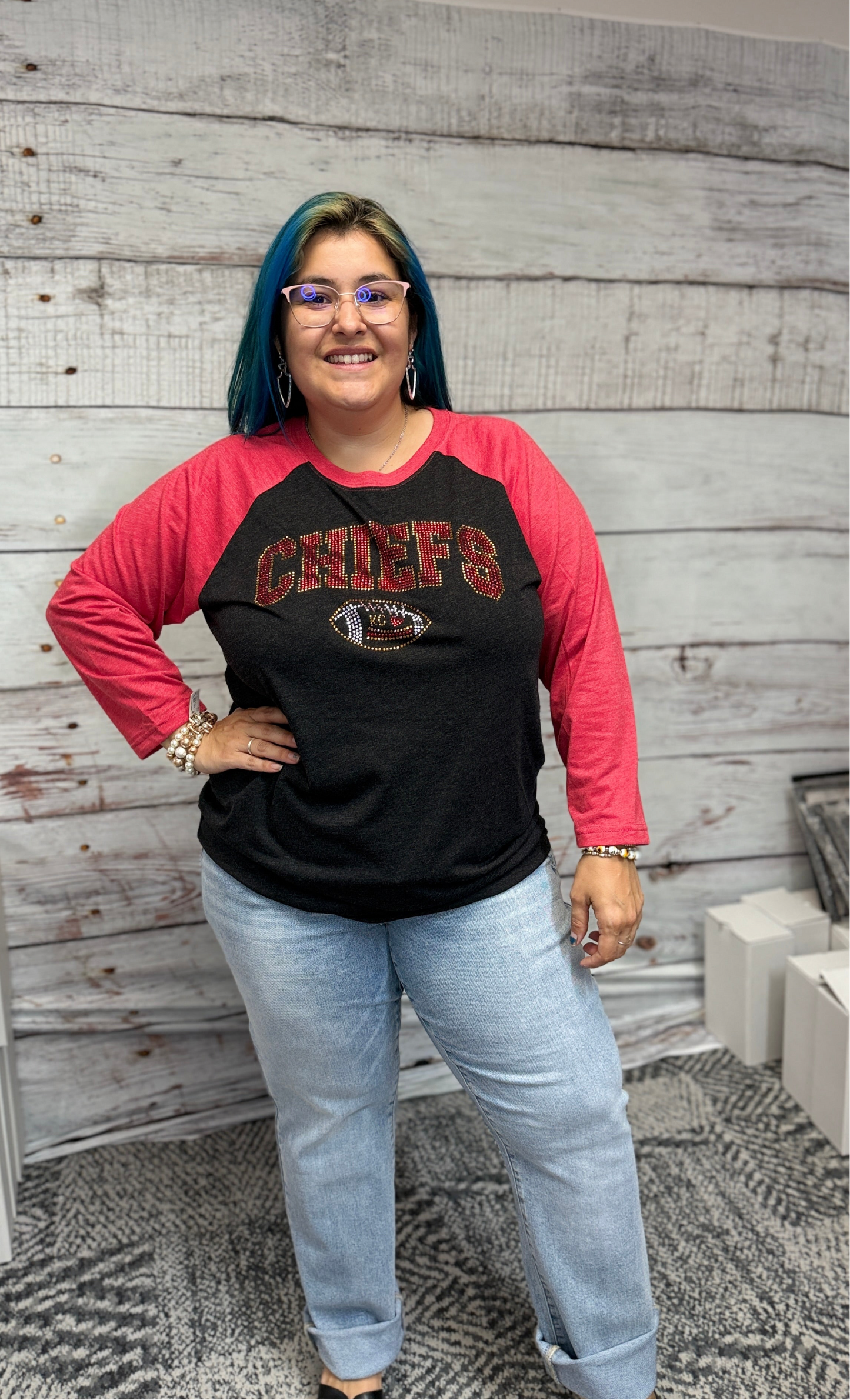 Heather Red & Grey Chiefs with Football Bling Crewneck T Shirt
