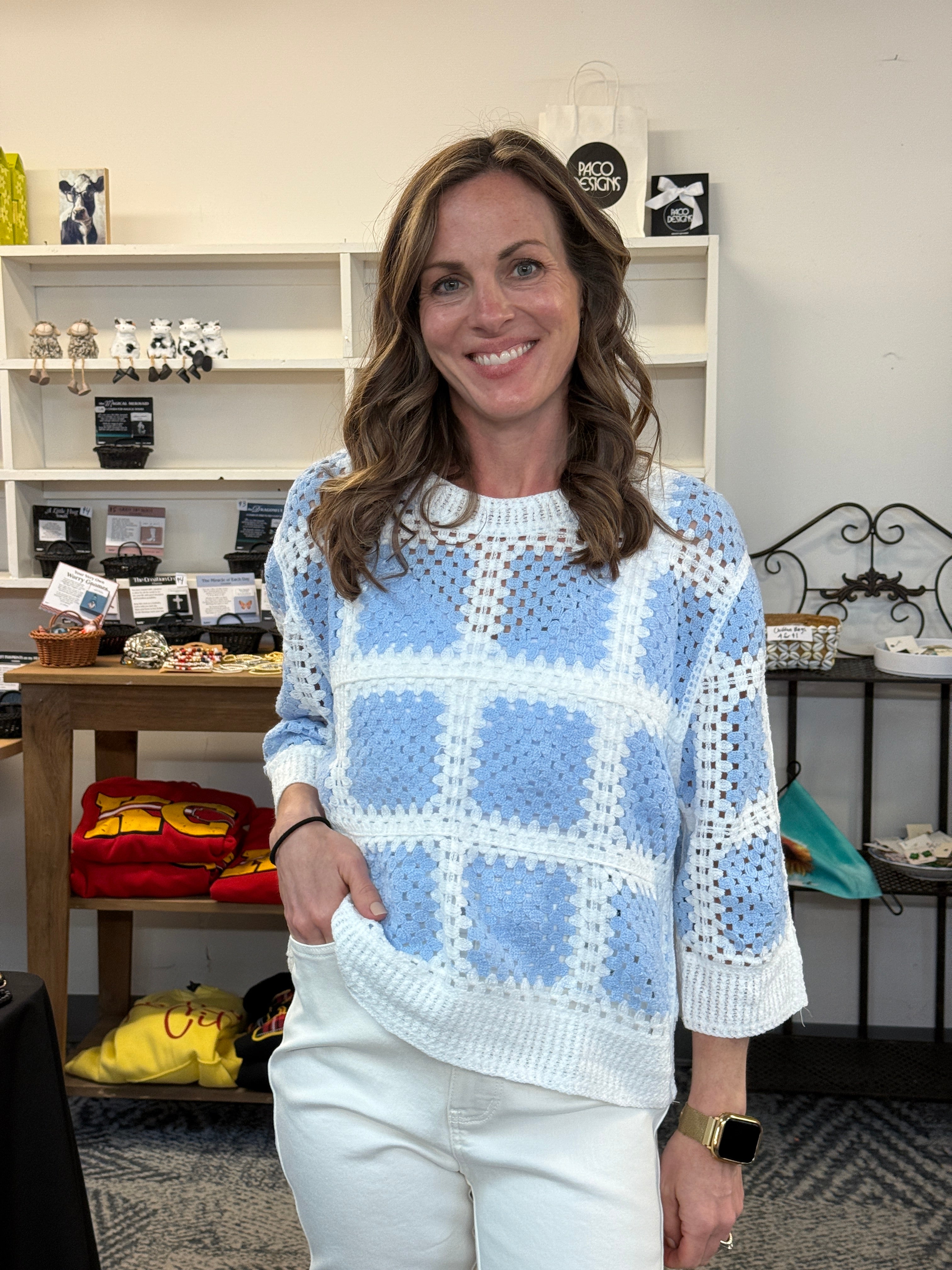 Blue & White Square Pattern Crochet Top