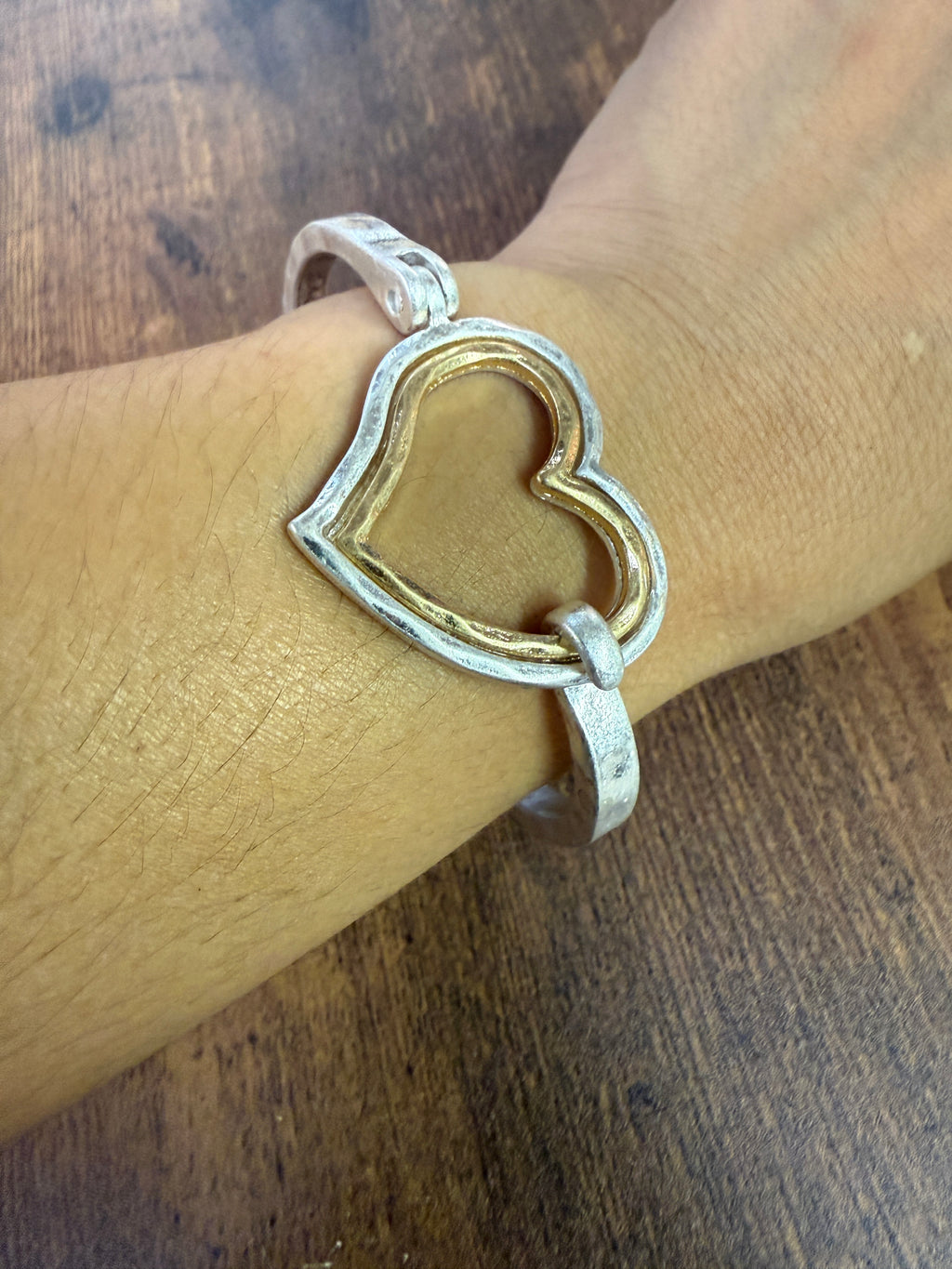 Mixed Metal Heart Cuff Bracelet -Silver/Gold