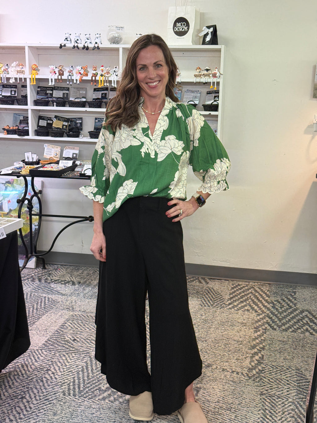 Green V-neck White Floral Print Blouse