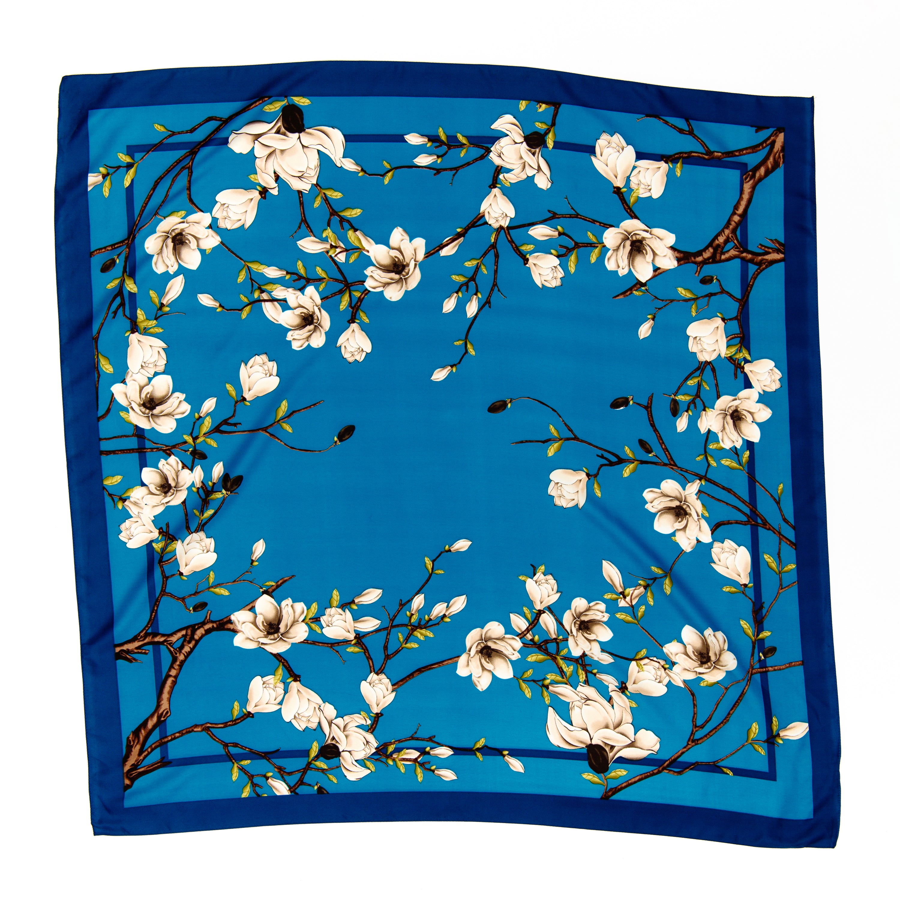 Royal Blue Floral Printed 36" Square Silky Scarf