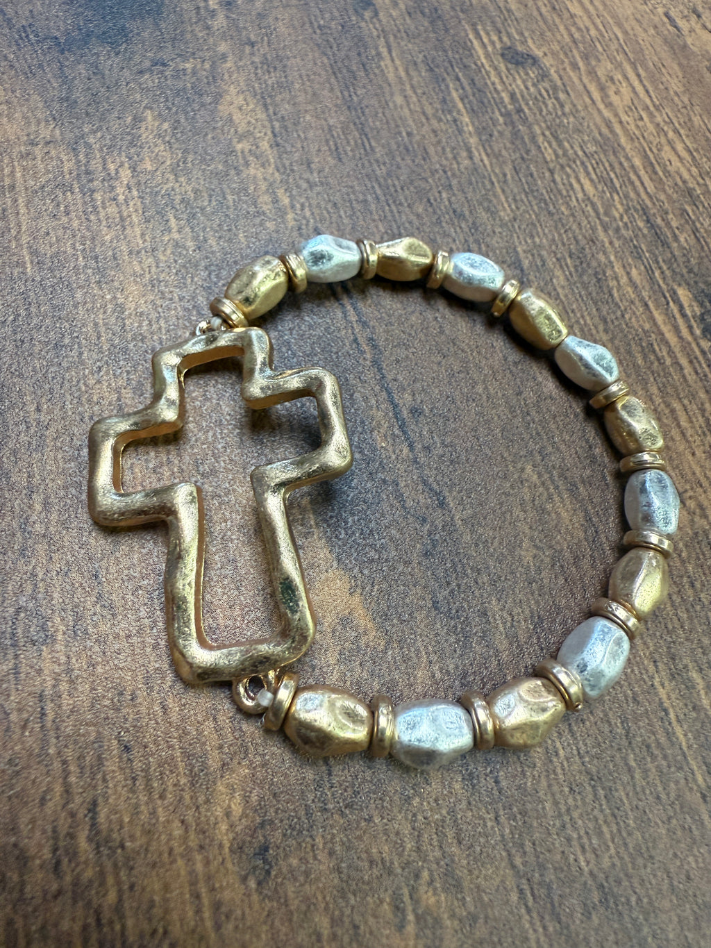 Gold or Silver Hammered Cross Mixed Metal Stretch Bracelet
