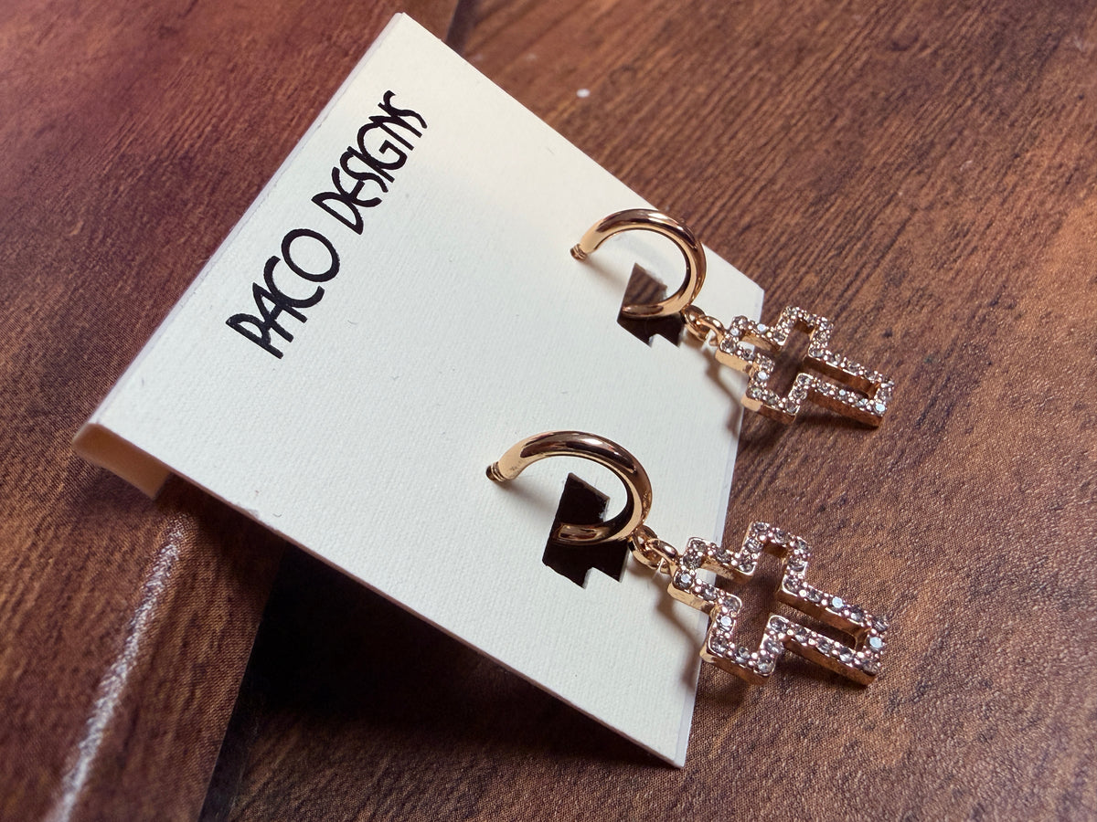 Dainty Gold CZ Rhinestone Cross Dangle Hoop Earrings