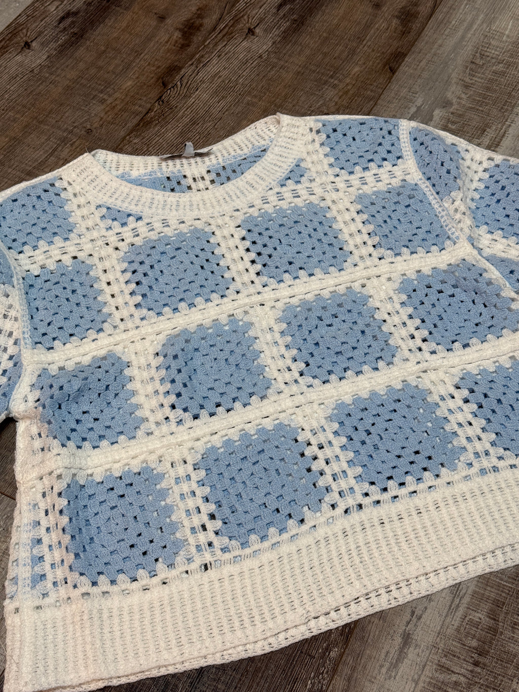 Blue & White Square Pattern Crochet Top