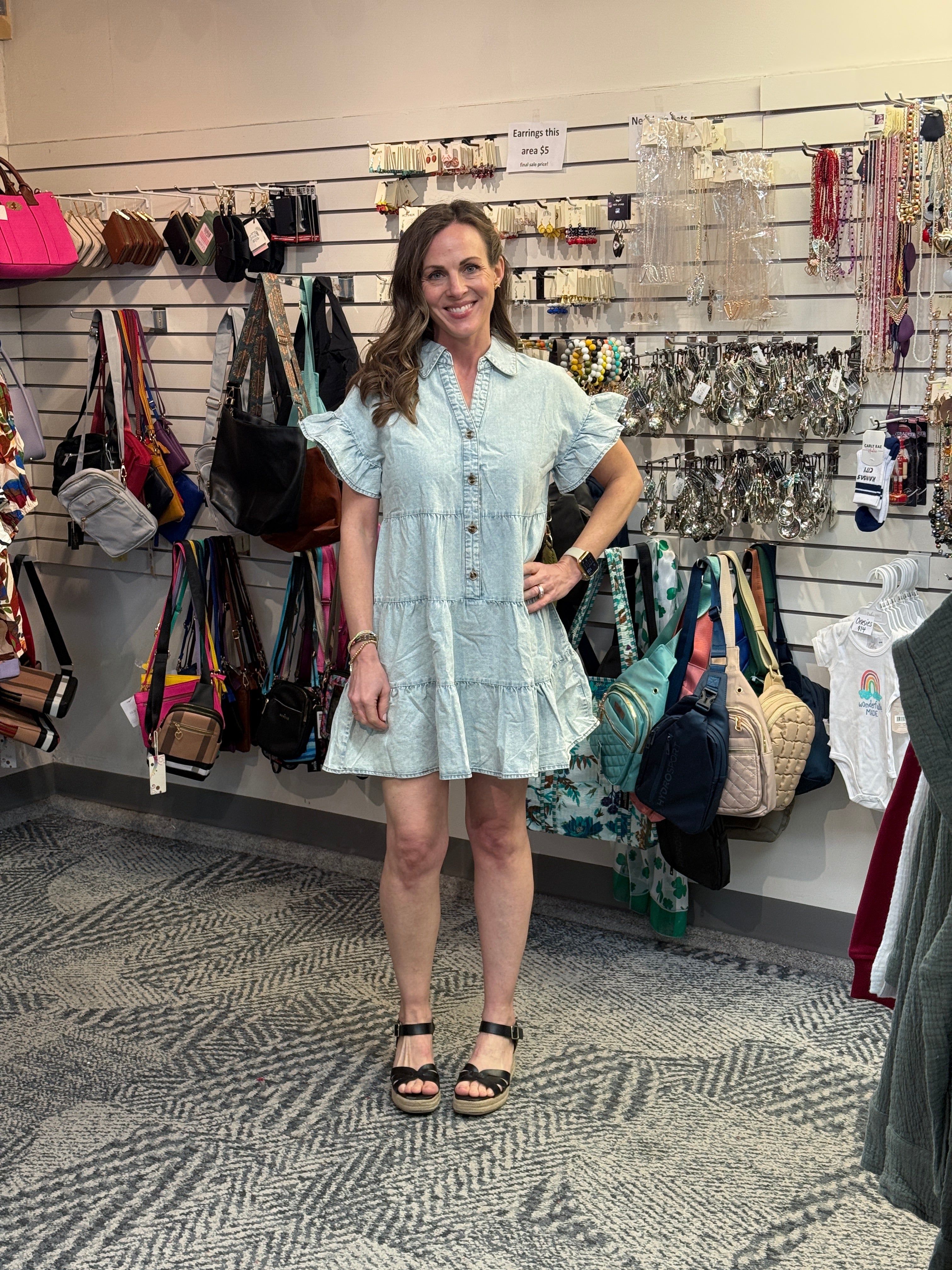 Mineral Washed Chambray Dress w/ Tiered Layers