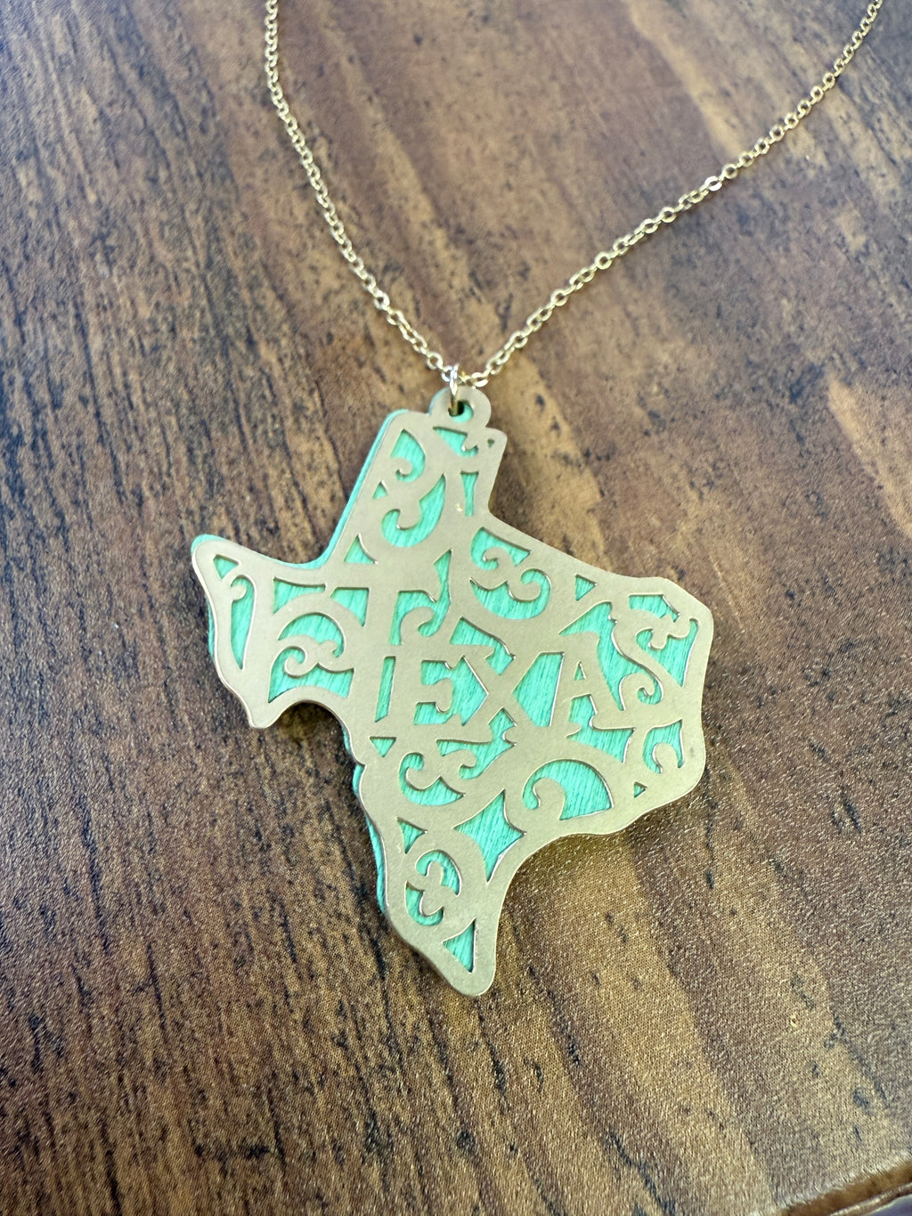 Boho Gold & Green Filagree Texas Stamped Necklace
