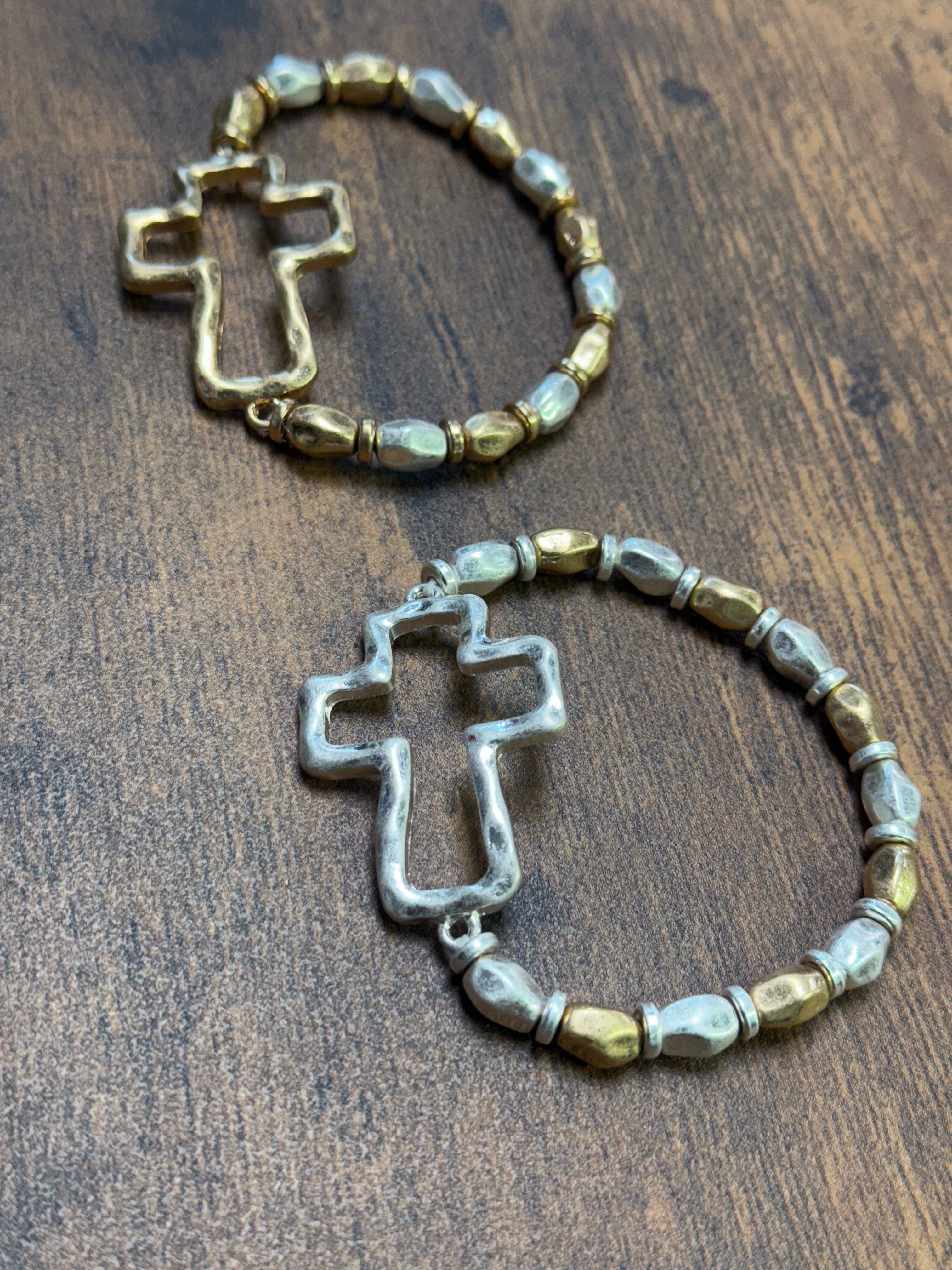 Gold or Silver Hammered Cross Mixed Metal Stretch Bracelet