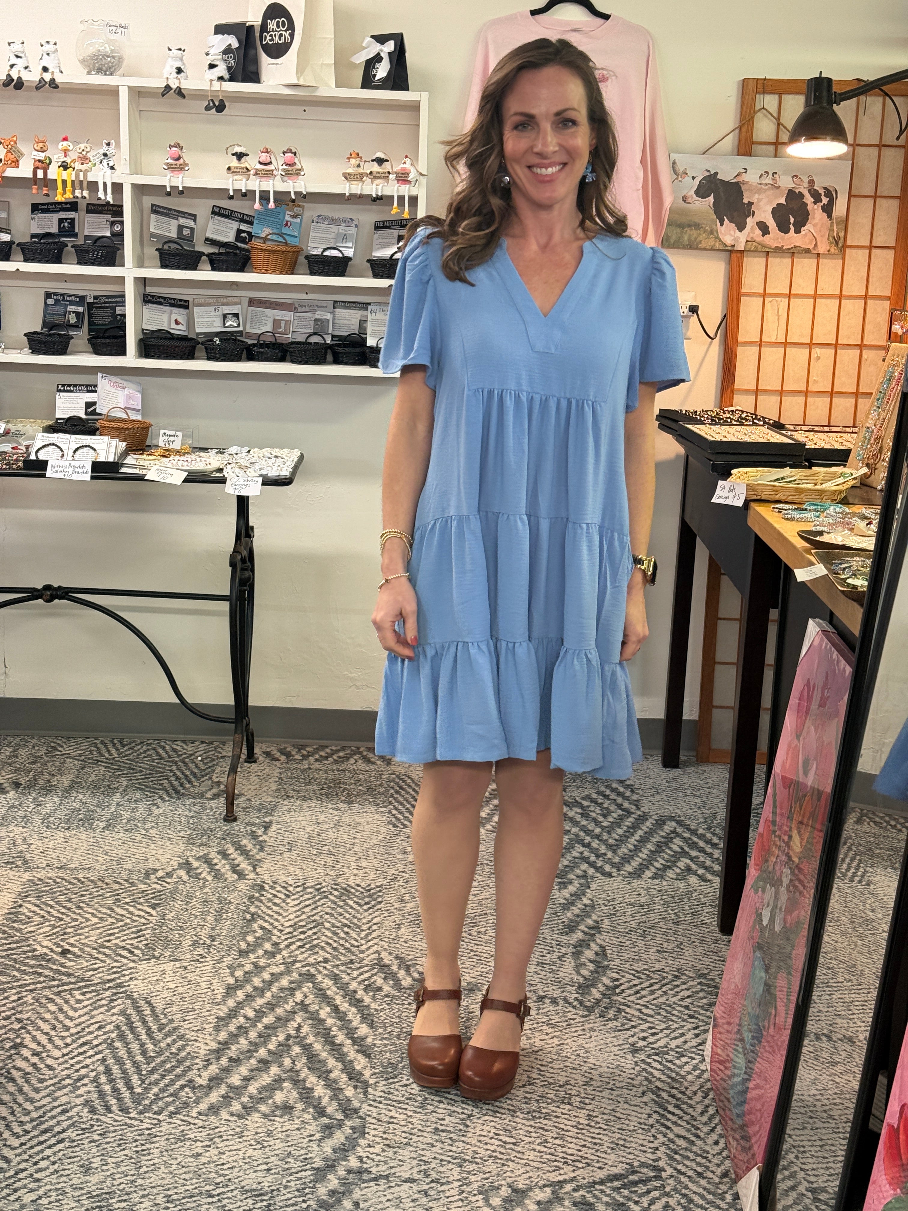 Flowy Light Blue V Neck 3 Tier Dress