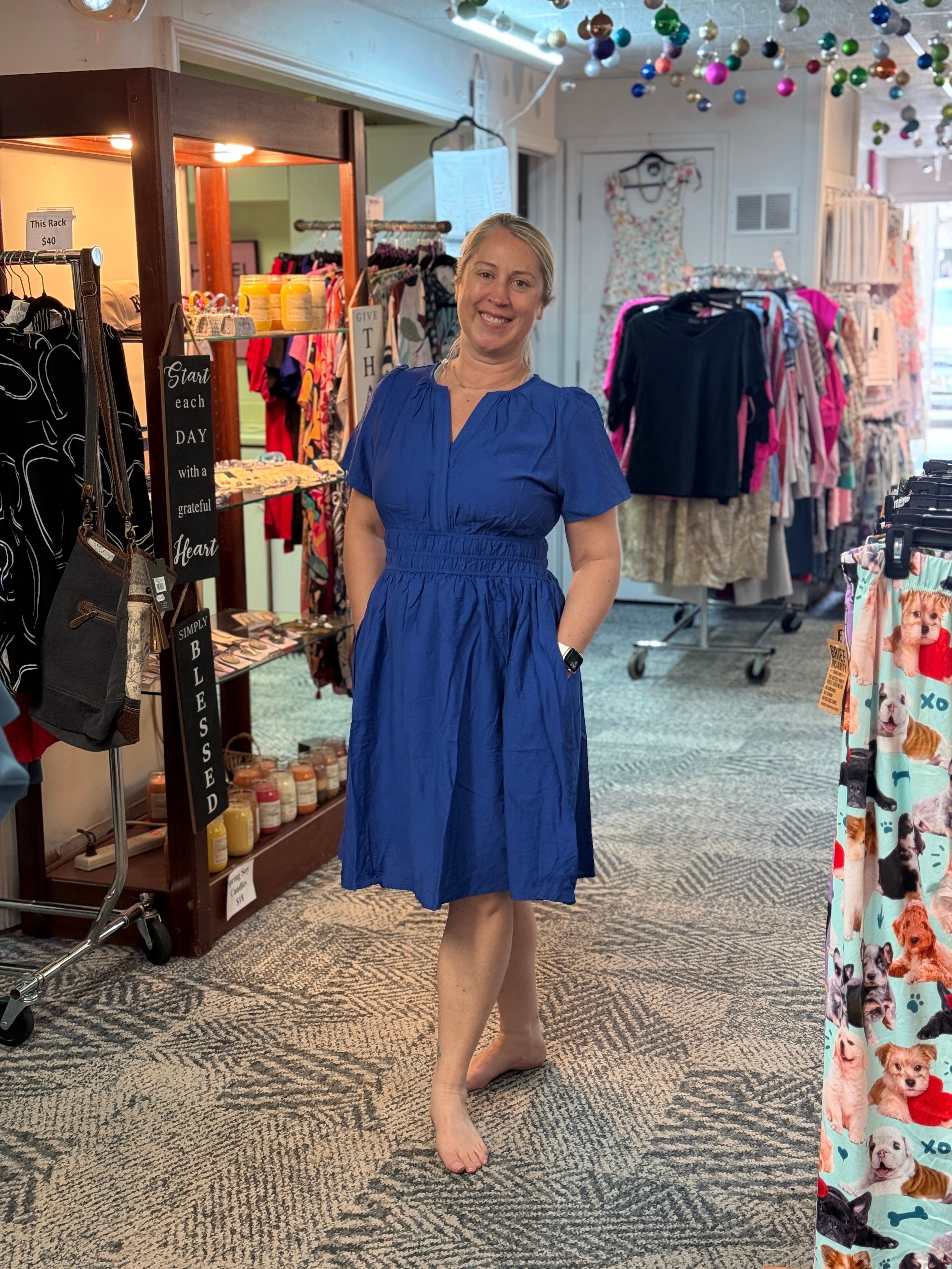 Royal Blue Y-Neck Stretch Waist Dress  by Staccato