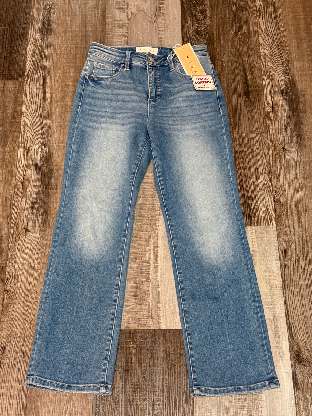 Risen High Rise Crop Straight Jeans w/ Tummy Control Medium Wash